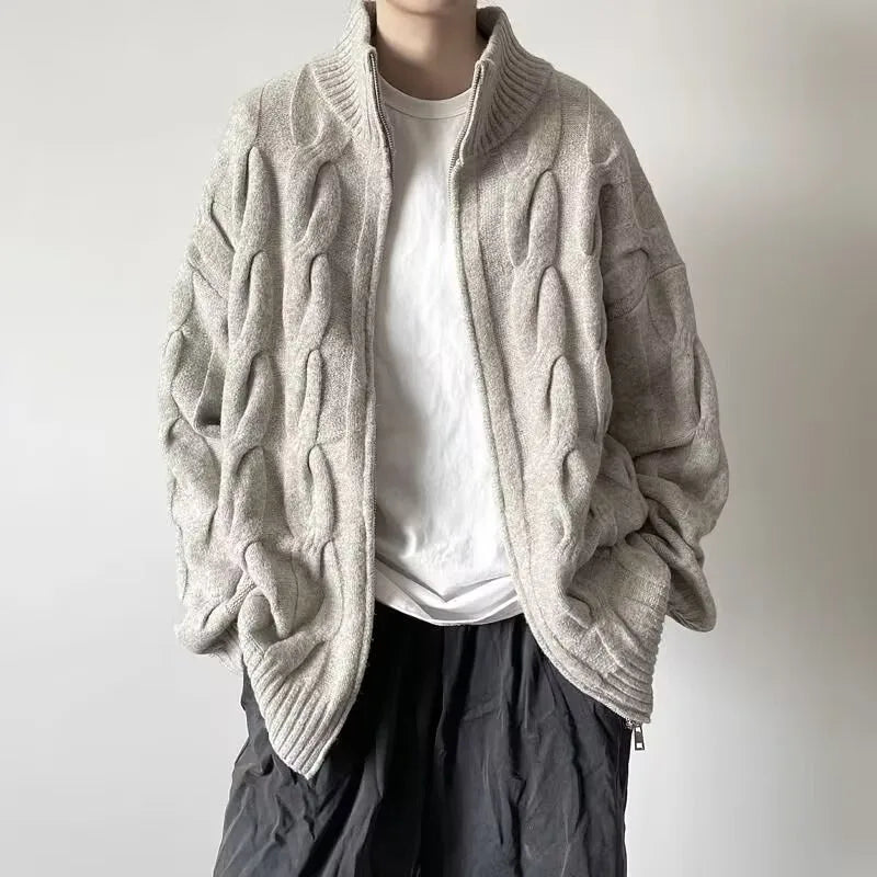 Men's Autumn Winter Stand Collar Cardigan - Loose Knit Sweater Coat