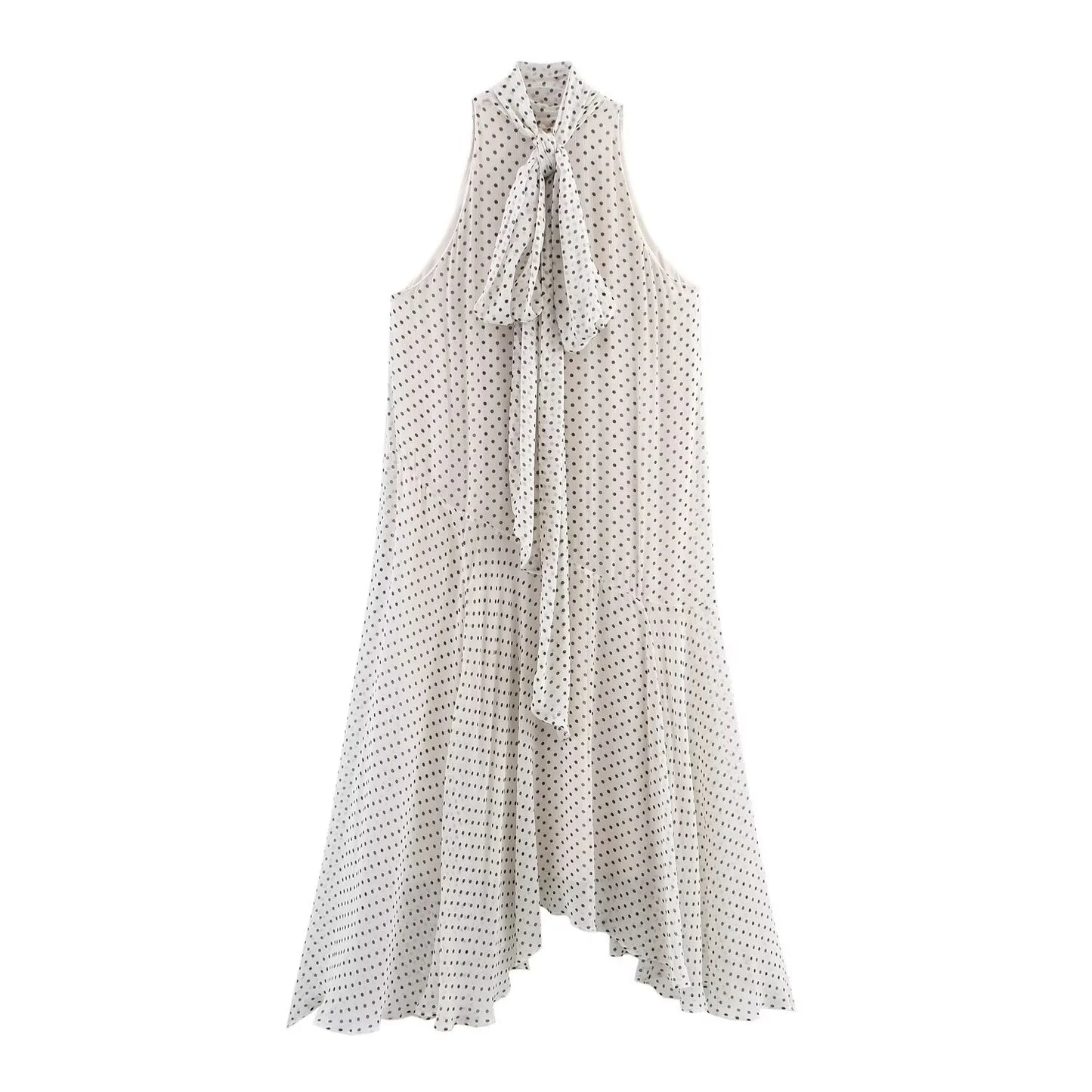 Women's White Polka Dot Halter Neck Bow Dress - Beach Vacation Long Sleeveless