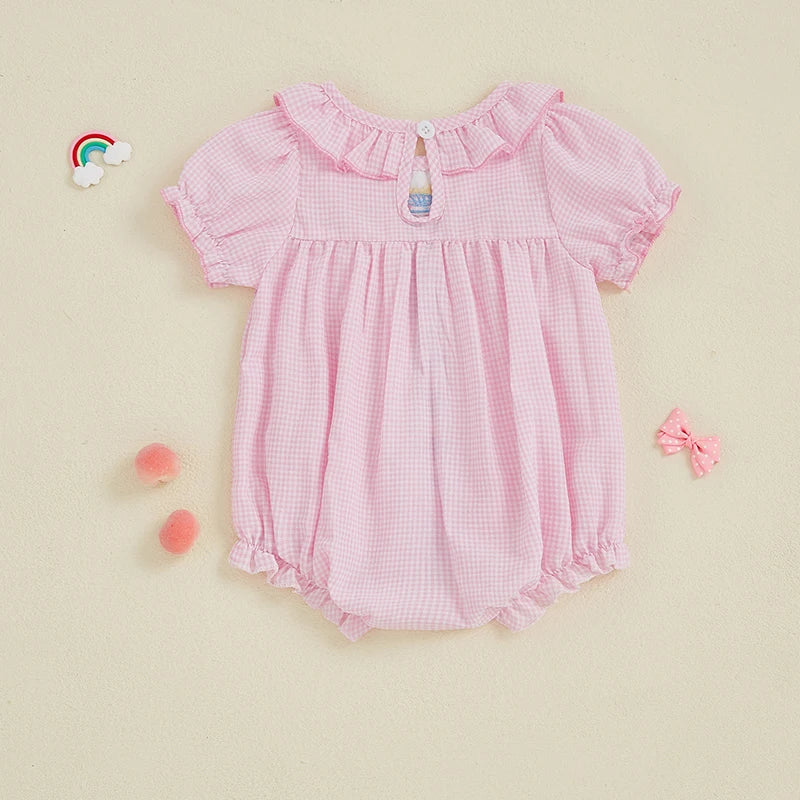 Baby Girls Birthday Romper with Cake Embroidery - Plaid Doll Collar Jumpsuit (0-24M)