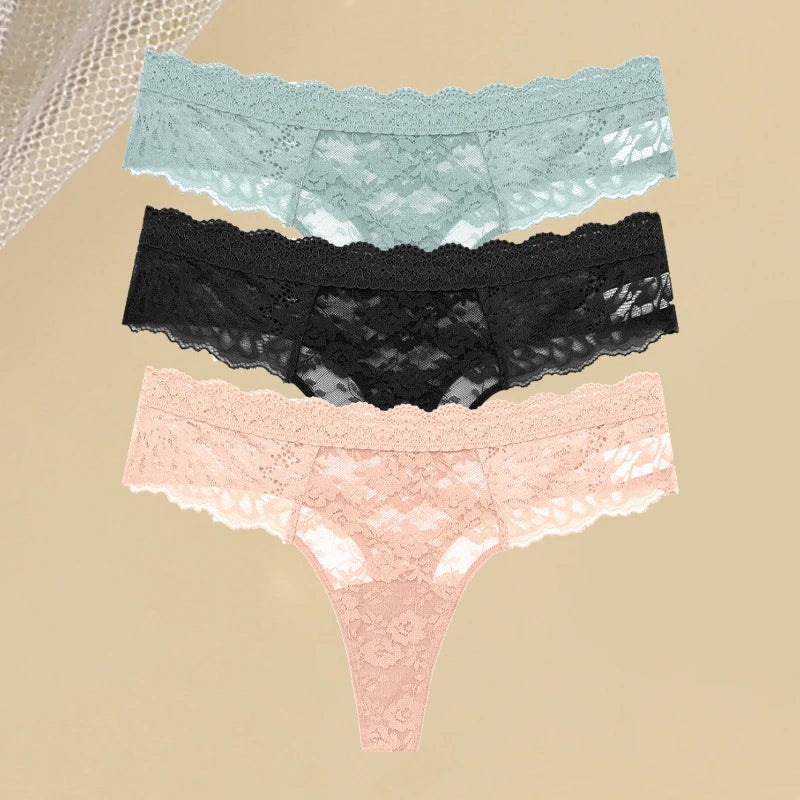 3Pcs Women's Lace Hollow Out Underwear Floral Print Panties Low-Waist Thong Breathable G-string Lingerie