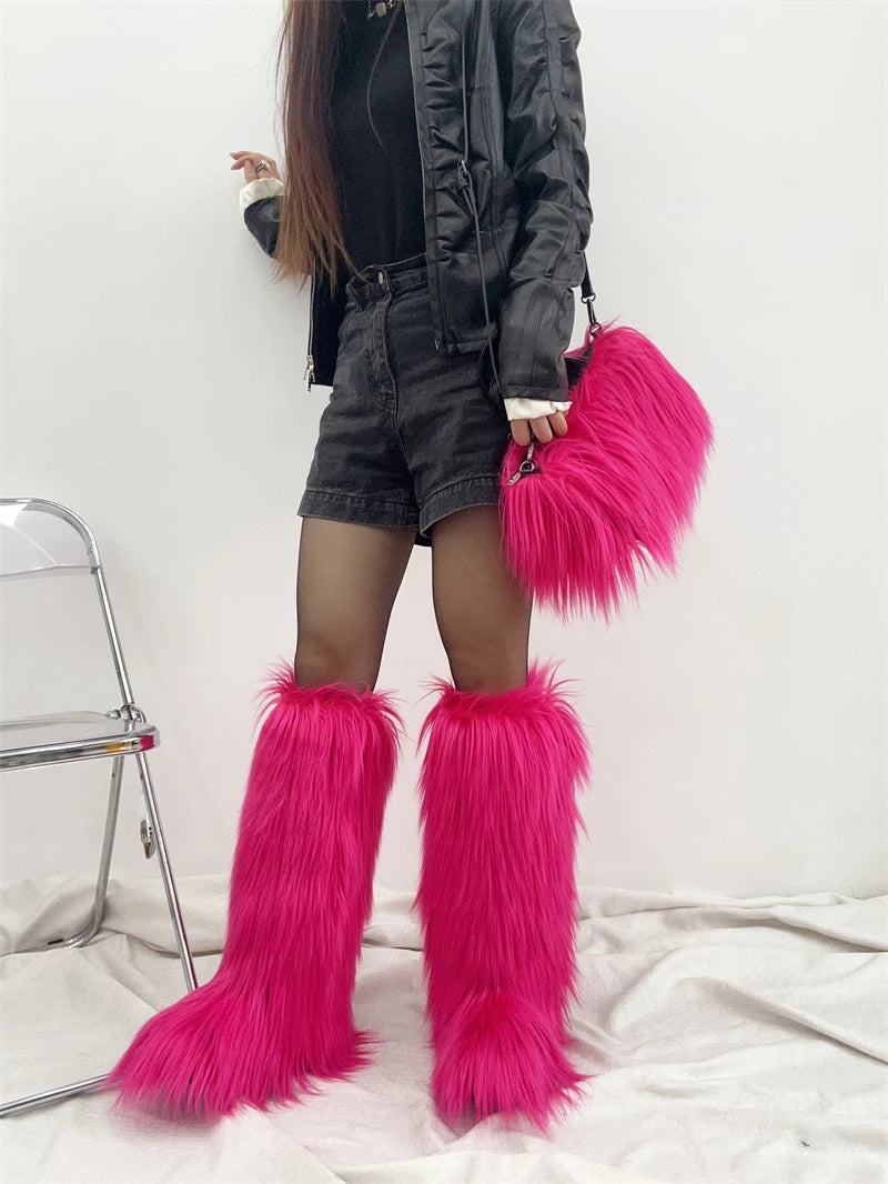 Winter Women Faux Fur Boots And Bag Set - Fluffy Warm Snow Boots Cute Tote Fur Handbag and Platform Plush Boots