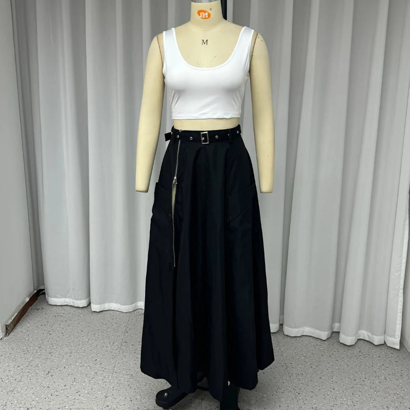 2 Piece Set Women Stylish Solid Round Neck Sleeveless High Waist Vest Slim Top Loose With Pockets Zipper Long Skirt Set