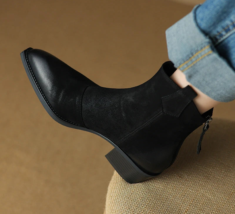 Women's Short Genuine Leather Thick Heels Pointed Toe Ankle Boots