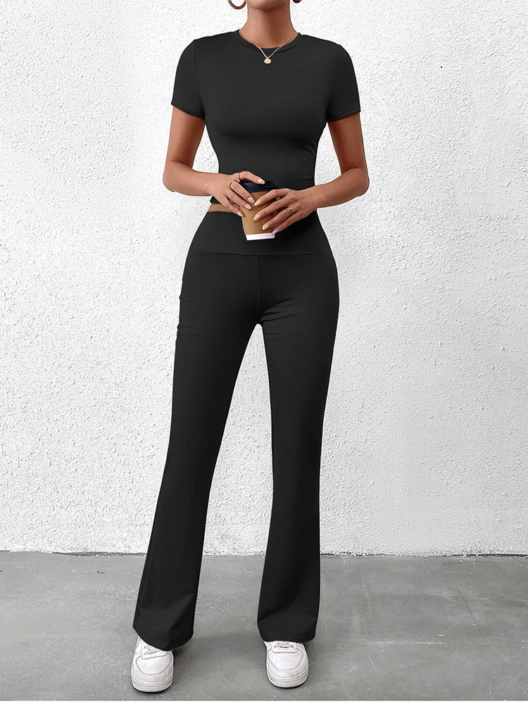 Women's Two-Piece Yoga Set - Short Sleeve T-Shirt & Straight Pants