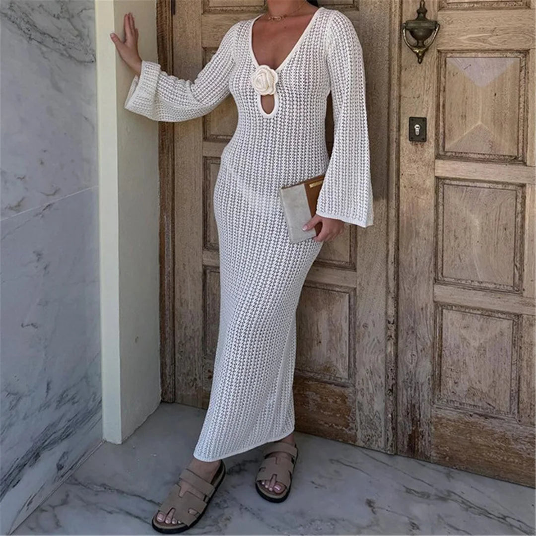 3D Flower V Neck Crochet Knitted Beach Cover Up Tunic