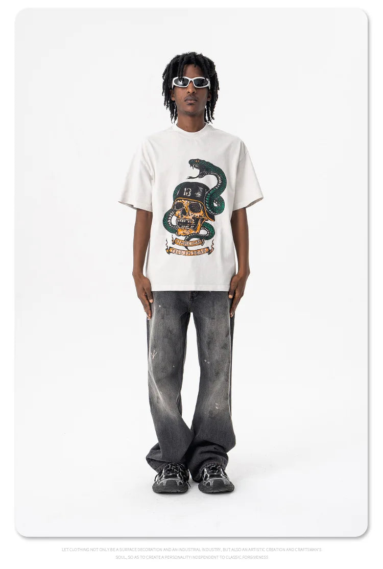 Men's Summer  Washed cobra skull print short-sleeved T-shirt