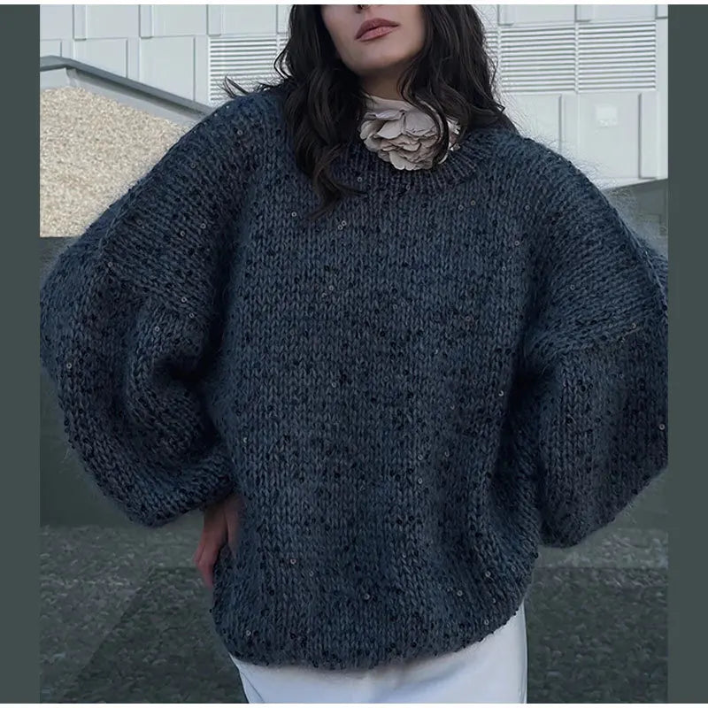 Women's Sequined Mohair  Loose Round neck Lantern Long Sleeve Glitter Knitted Pullover Sweater