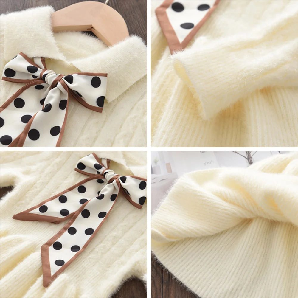 Children's Girl's  Thick Collar Sweater Spotted Bow Collar Pleated Knit Dress