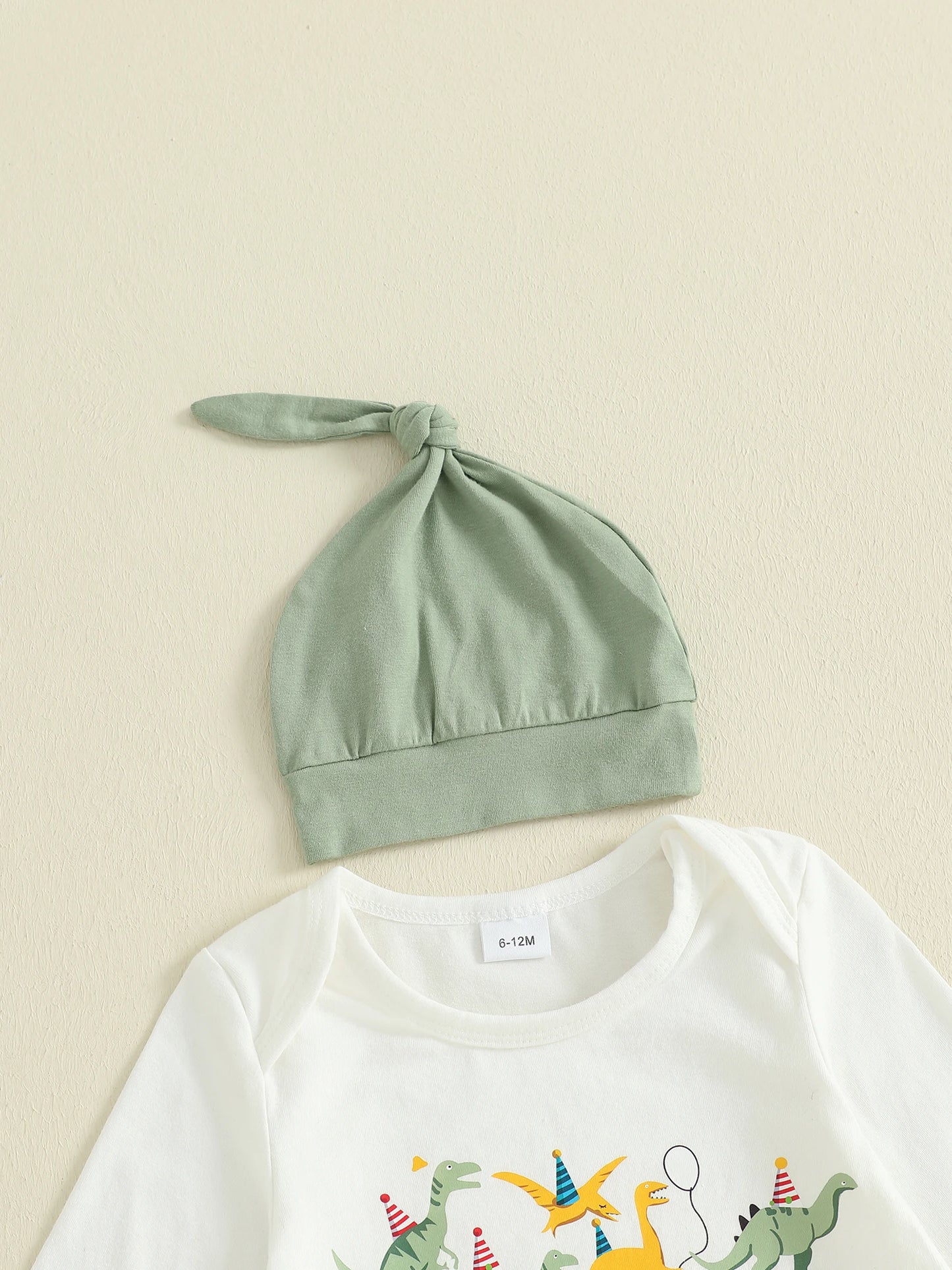 Baby Boys Dinosaur Outfit Set - 3-Piece Long Sleeve Romper, Pants & Hat (0-24M)