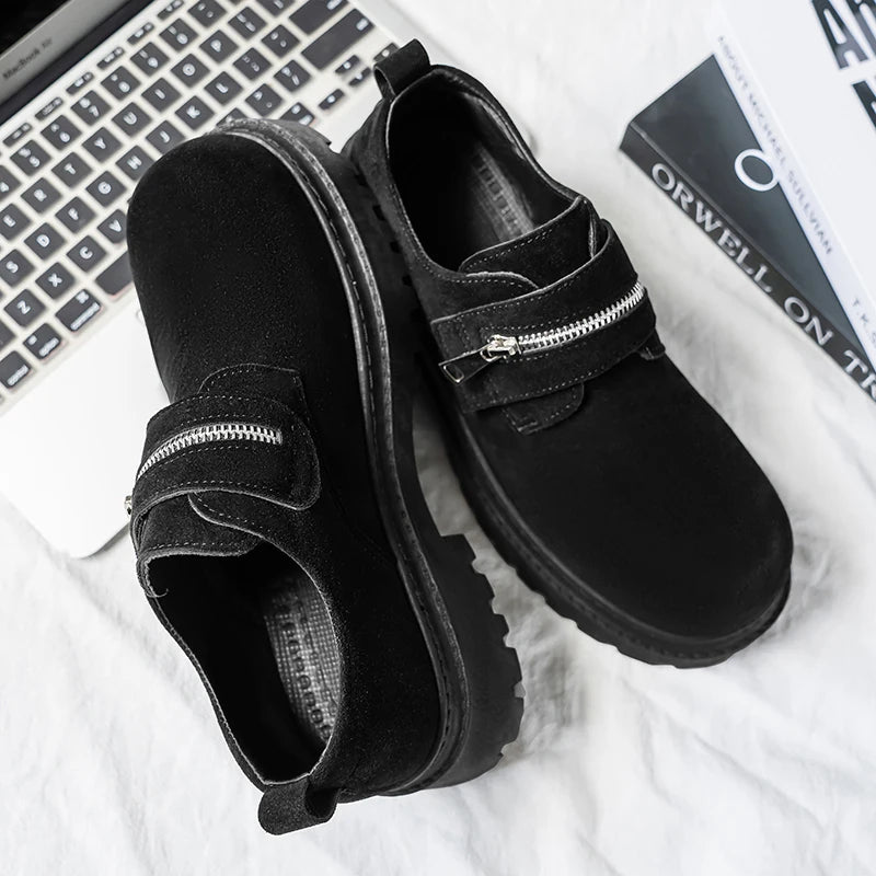 Men's Suede Leather Platform Work Shoes - Zipper Business Sneakers
