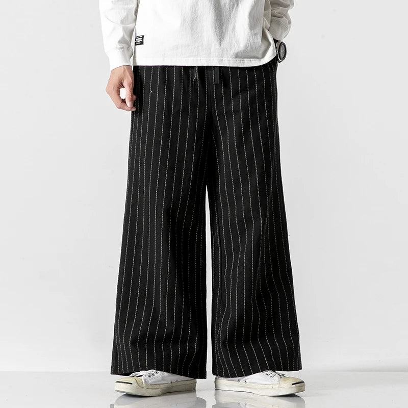 Men's Cotton Linen Wide Leg Pants Stripe Loose Harem Vintage Straight Casual Trousers