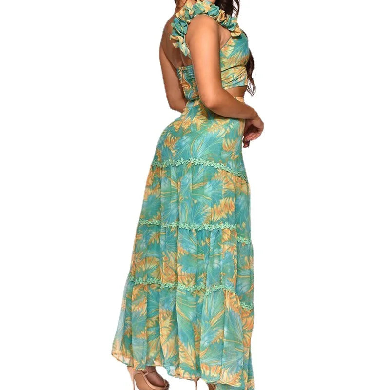 Women's Square Collar Flying Sleeve Ruched Crop Top & A-Line Ankle Skirt Set