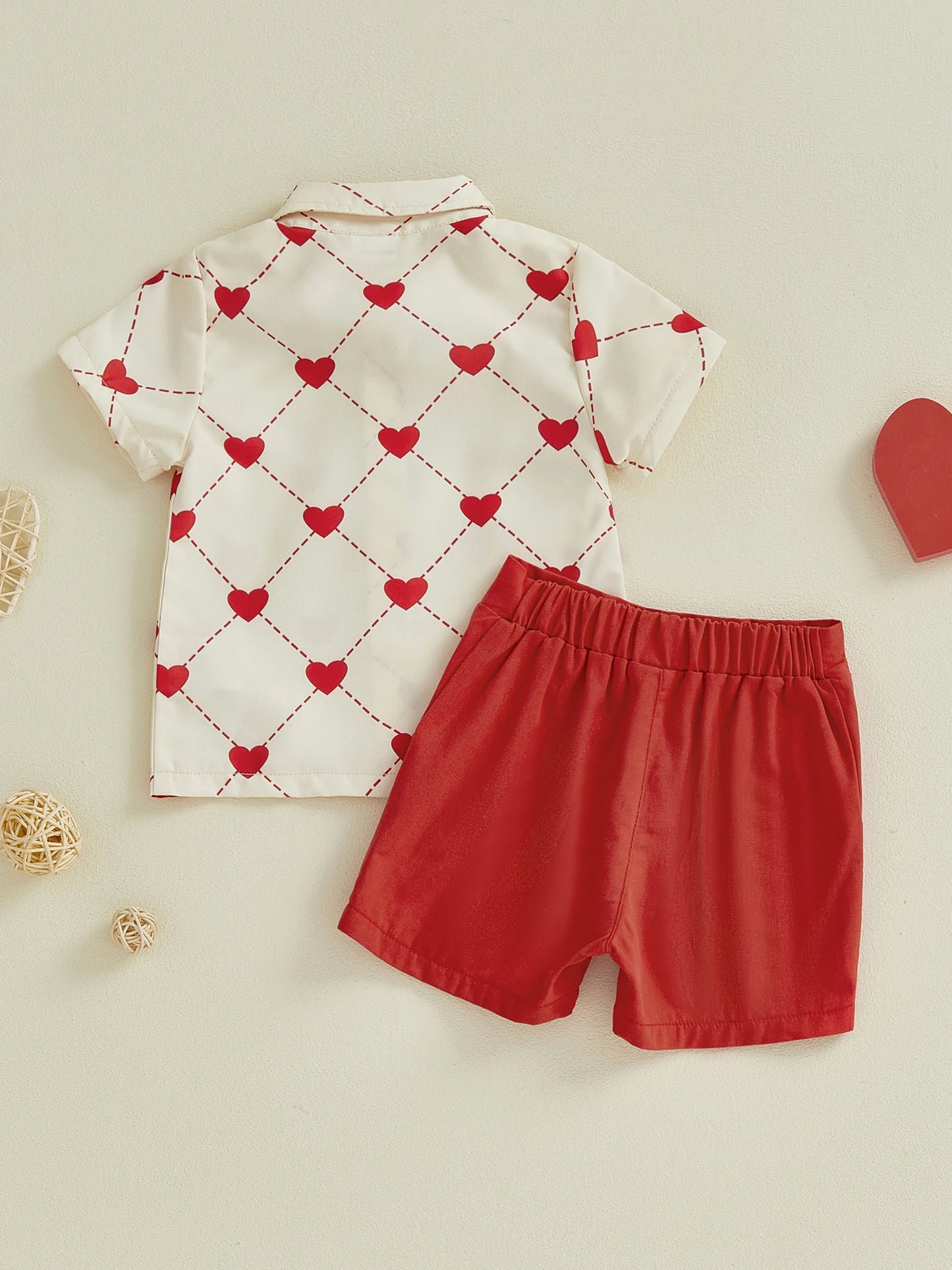 Valentine's Day Baby Boy Outfit Set - Heart Print Bowtie Shirt & Solid Shorts