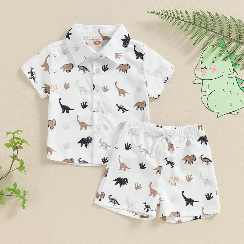 0-3Y Toddler Baby Boys Summer Clothes Sets 2pcs - Short Sleeve Dinosaur Print Button Up Top and Shorts Set