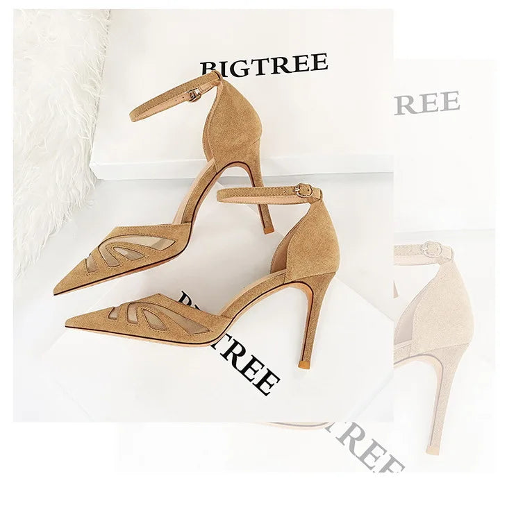 Women's Mesh Hollow Suede High Heels Stiletto Shoes