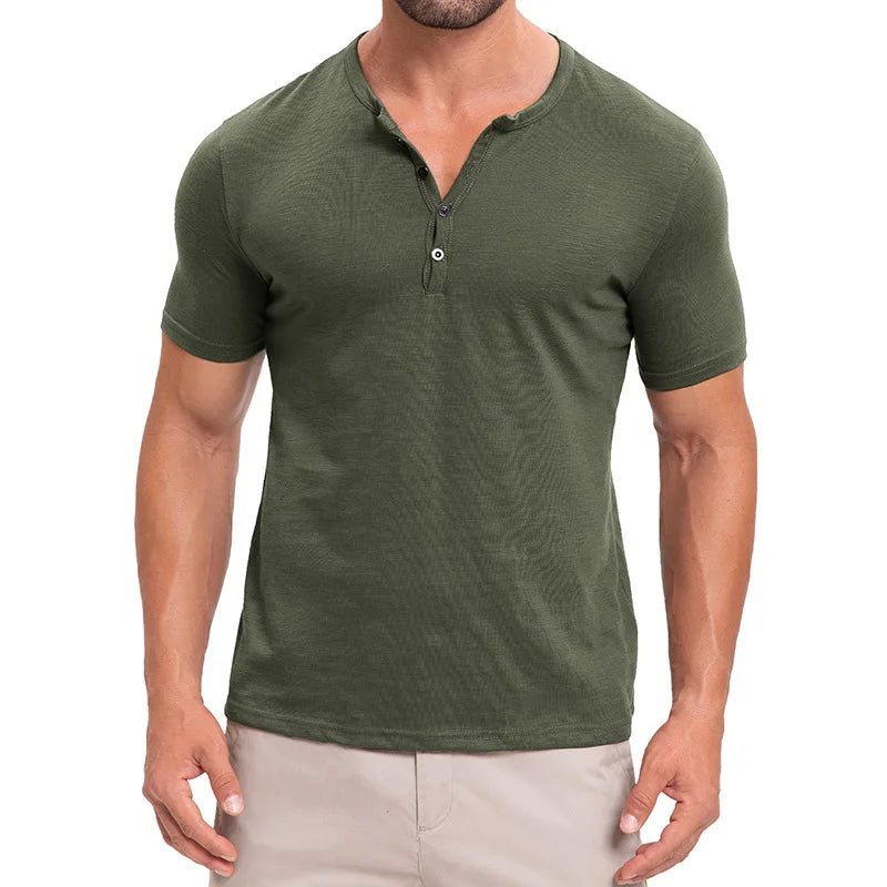 Men's Summer Henry Collar Short Sleeve Casual Pullover T-Shirt