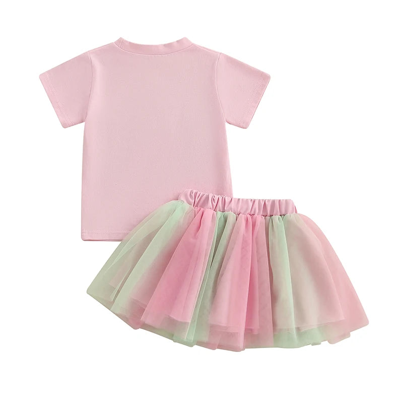 0-5Y Toddler Kids Girls Summer Clothes Sets Letter Embroidery Short Sleeve T-Shirt and Elastic Tulle Skirt