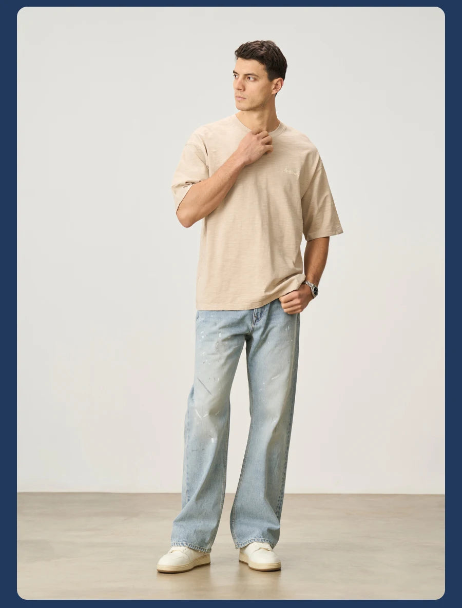 Men's High Standard Loose Relaxed 13.8oz 100% Cotton Ripped Denim Jeans - Plus Size