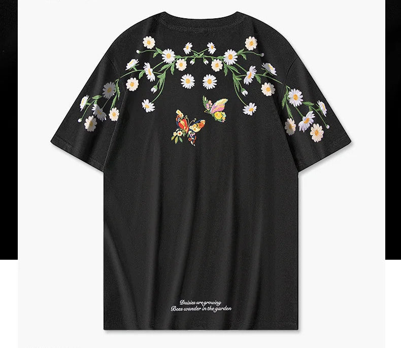 Men's Guochao short-sleeved Butterfly Embroidery Round Neck Cotton T-Shirt