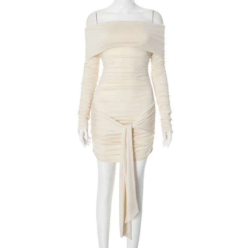 Women's One-Shoulder Pleated Bandage Mini Bodycon Long Sleeve Dress