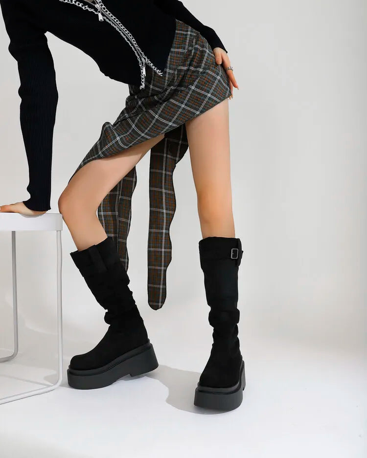 Women's Suede  Round Toe Knee High Buckle Pleats Boots