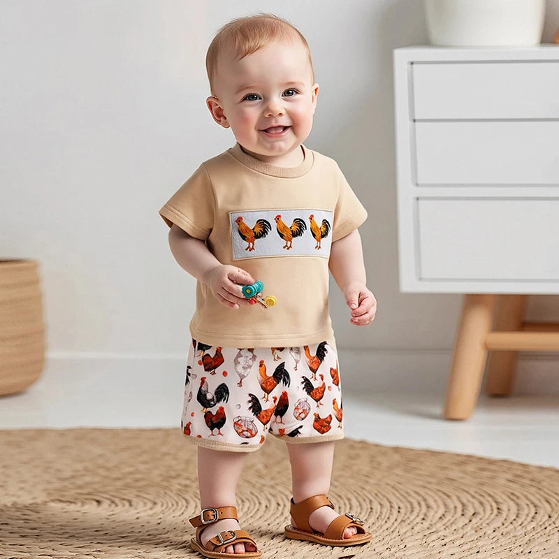 0-4Y Toddler Kids Boys Clothes Sets Rooster Embroidery Short Sleeve T-shirts Elastic Waist Shorts 2PCS