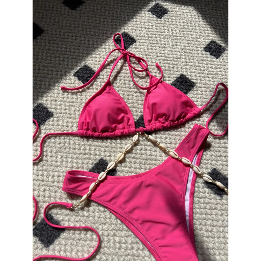 Women's Halter Shell Brazilian Bikini Set | Wire-Free Padded Two-Piece Swimwear
