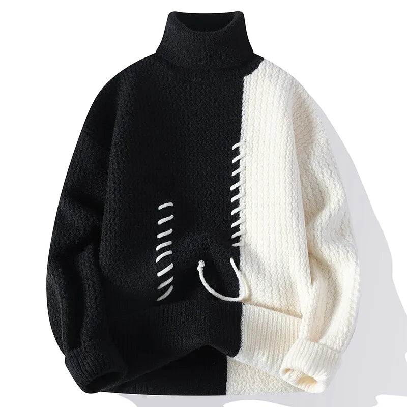 Men's Knitted Turtleneck Sweater - Patchwork Casual Pullover