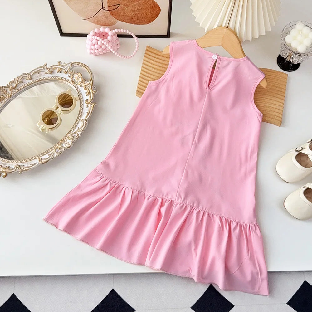 Girl's 3D Flower Sleeveless Princess Baby Pink Summer Dress