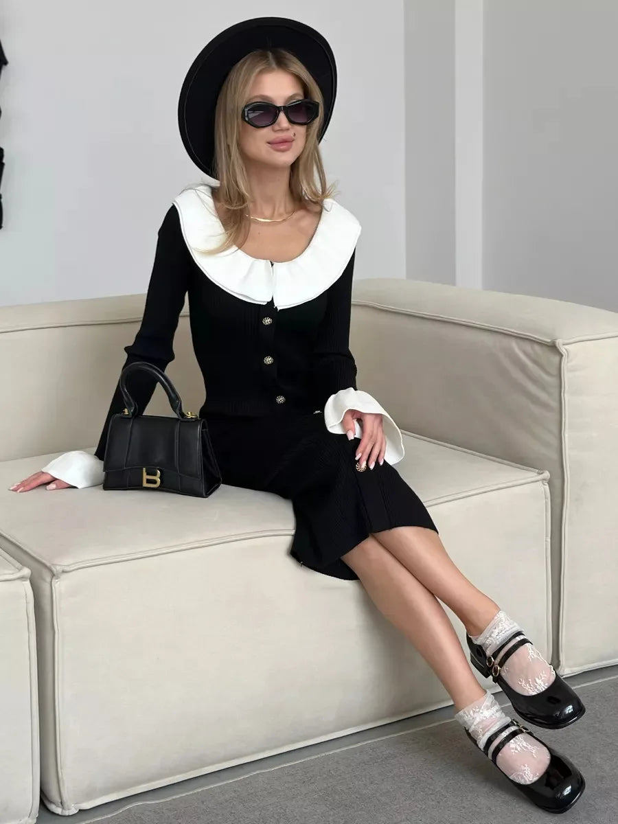 Women's Knitted Long  Splice Contrast Colour Bodycon Sweater Elegant Flare Sleeve Dress