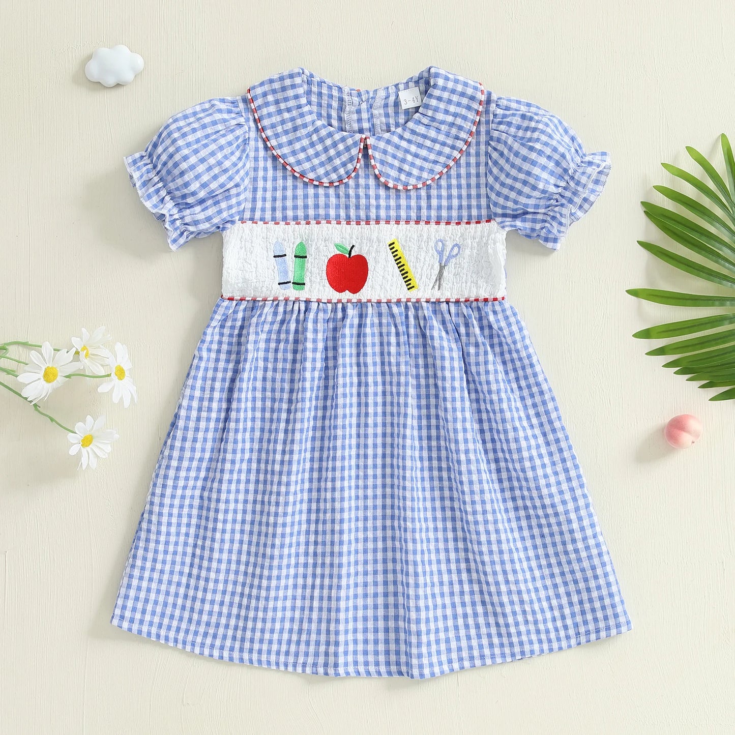 Girl's Back to School Dress - A-Line Embroidered Plaid Doll Collar Bubble Sleeve