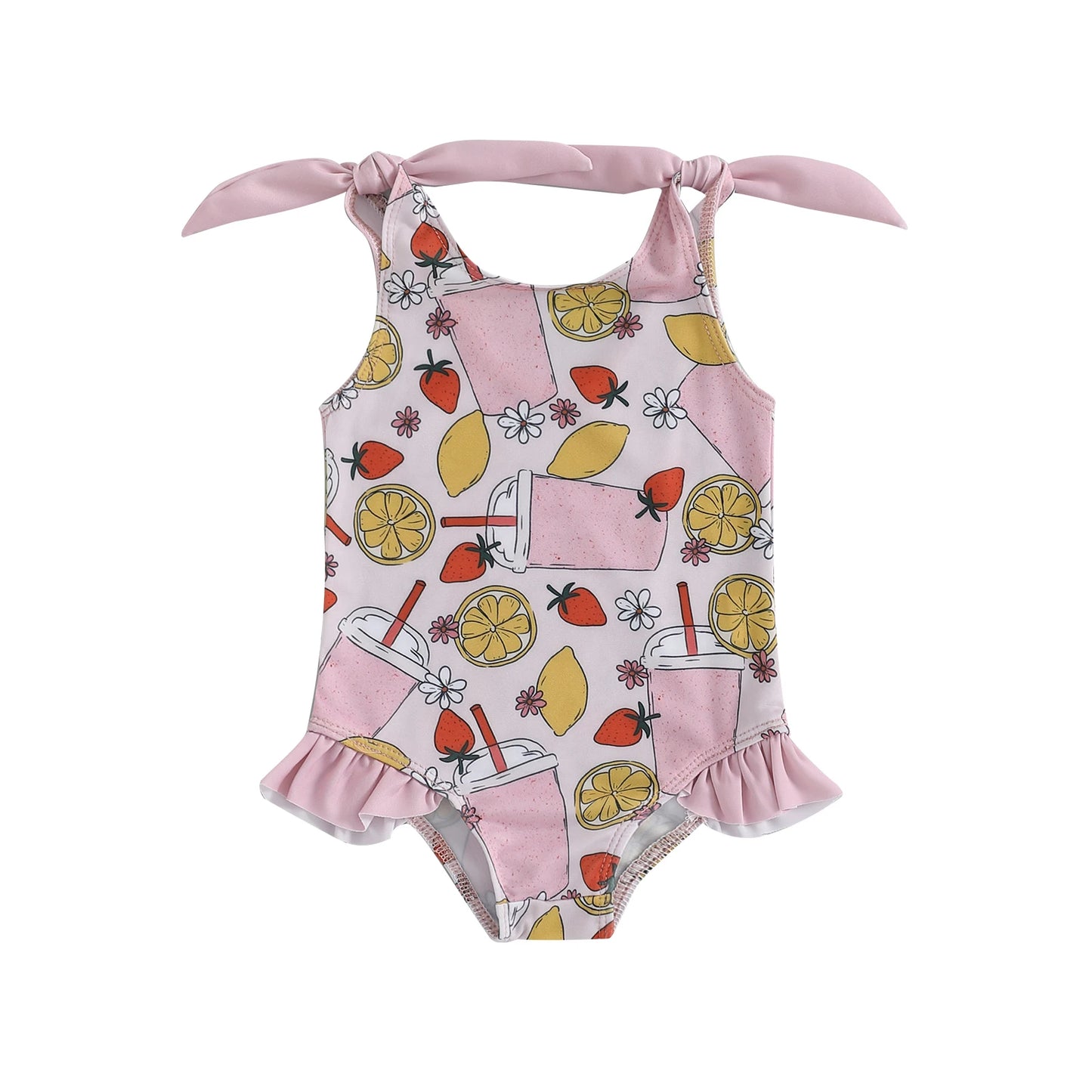 0-5Y Toddler Kids Girls Summer Swimsuits Cartoon Ice Cream Print Tie up Strap Ruffled Swimwear