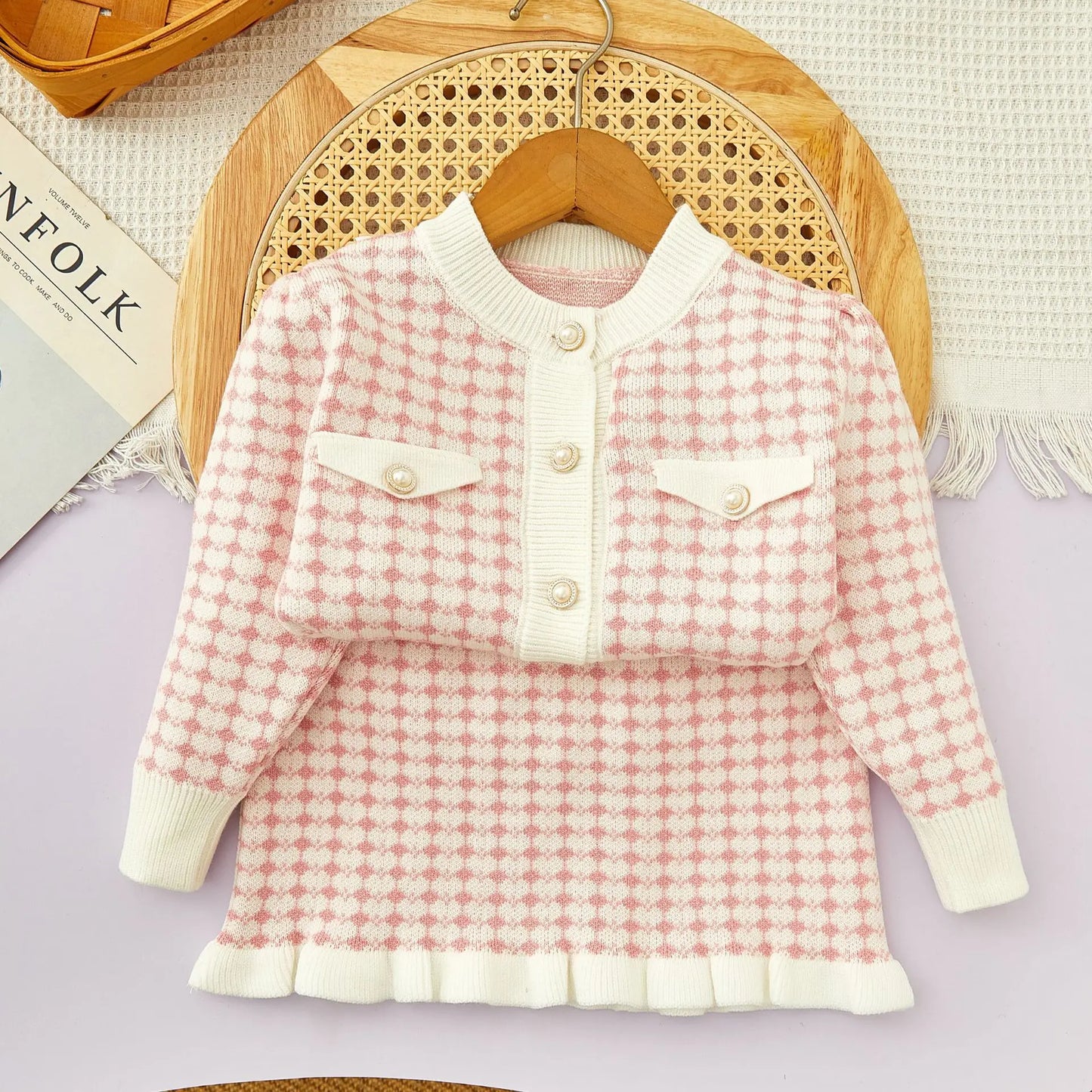 Girls Winter Knitted Cardigan & Skirt Set – Checkered Plaid