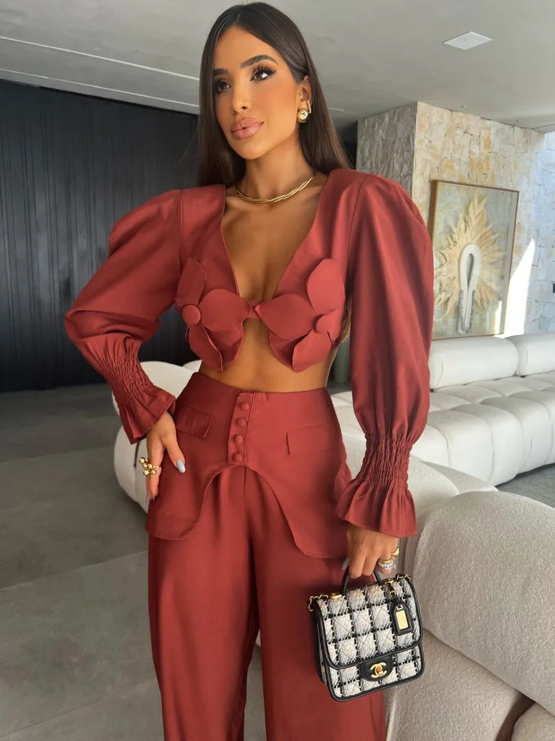 Women's Two Piece Long Sleeve Short Top Wide Leg Trousers