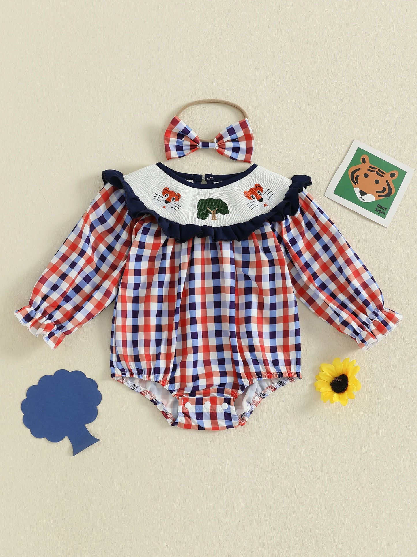Toddler Baby Girls' Plaid Romper Dress - Animal Embroidery Smocked Jumpsuit with Headband