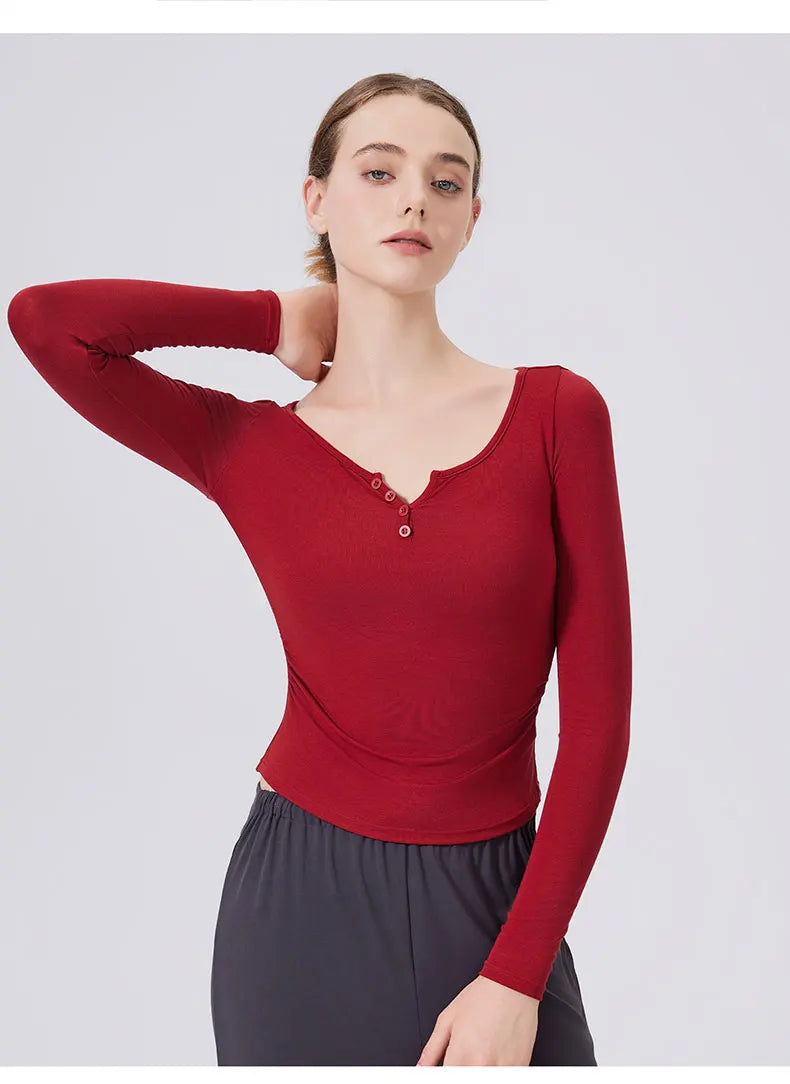 Women's Long Sleeve V-Neck Yoga Shirt - Slim Fit Breathable Workout Top