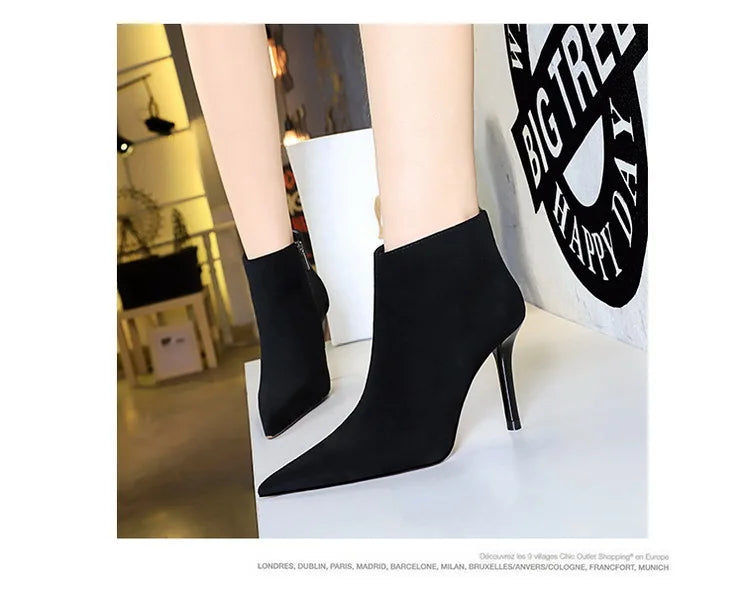 Black Suede Ankle Boots - Pointed Toe Stiletto Heels with Side Zipper