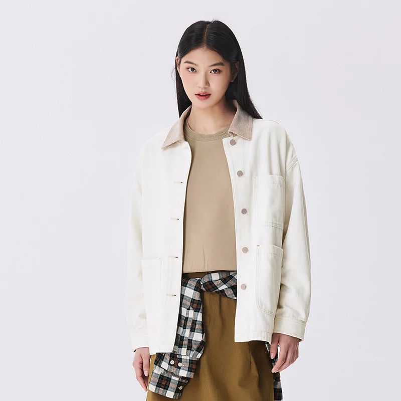 Corduroy Denim Jacket - Women's Turn Collar Loose Casual Coat