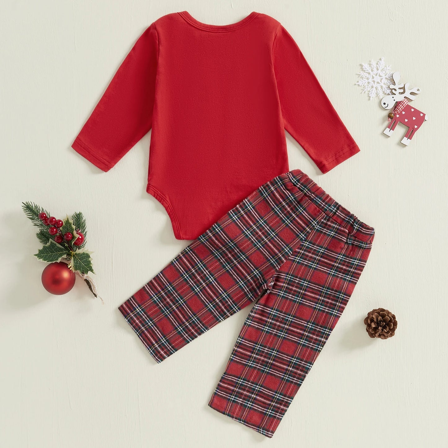 2pcs Baby Boys Christmas Clothes Sets 0-18M = Xmas Tree/Truck Print Bowknot Long Sleeve Romper and Plaid Pants