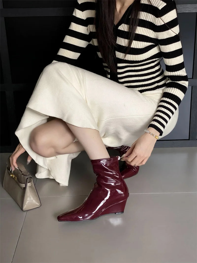 Patent Leather Pointed Toe Chelsea Ankle Boots | Wedge Heel & Rear Zip