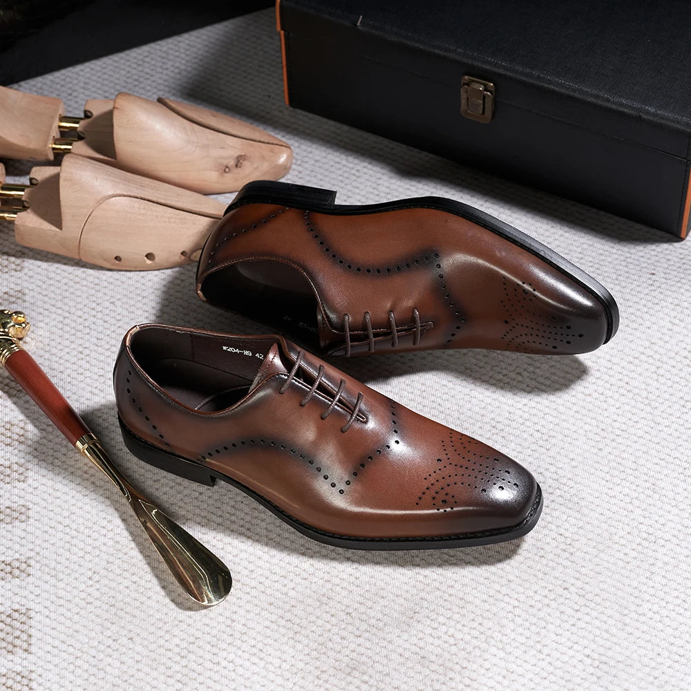 Men's Brogue Italian Genuine Leather Formal Classic Lace-Up Office Oxford Shoes