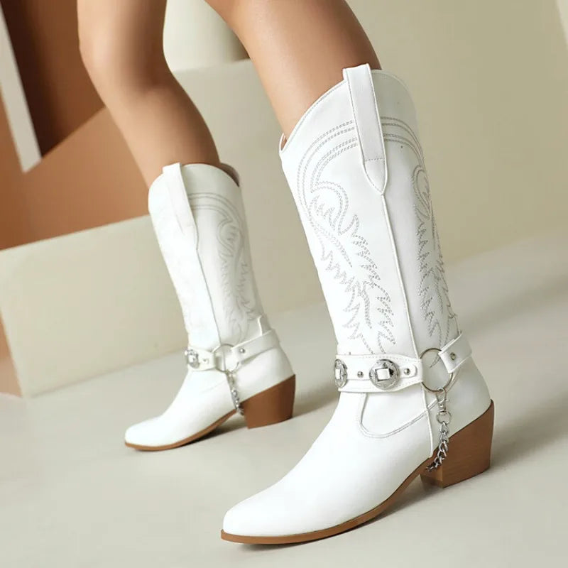 Women's Tapered Circular Metal Chain Chelsea Bohemian Pointed Leather Knee High Boots