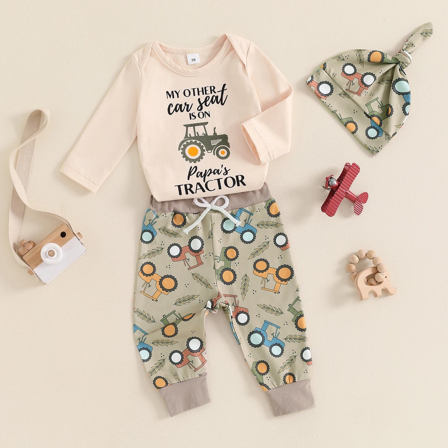 0-18M Newborn Baby Boys 3-Piece Clothing Set - Long Sleeve Romper with Tractor Pants and Hat