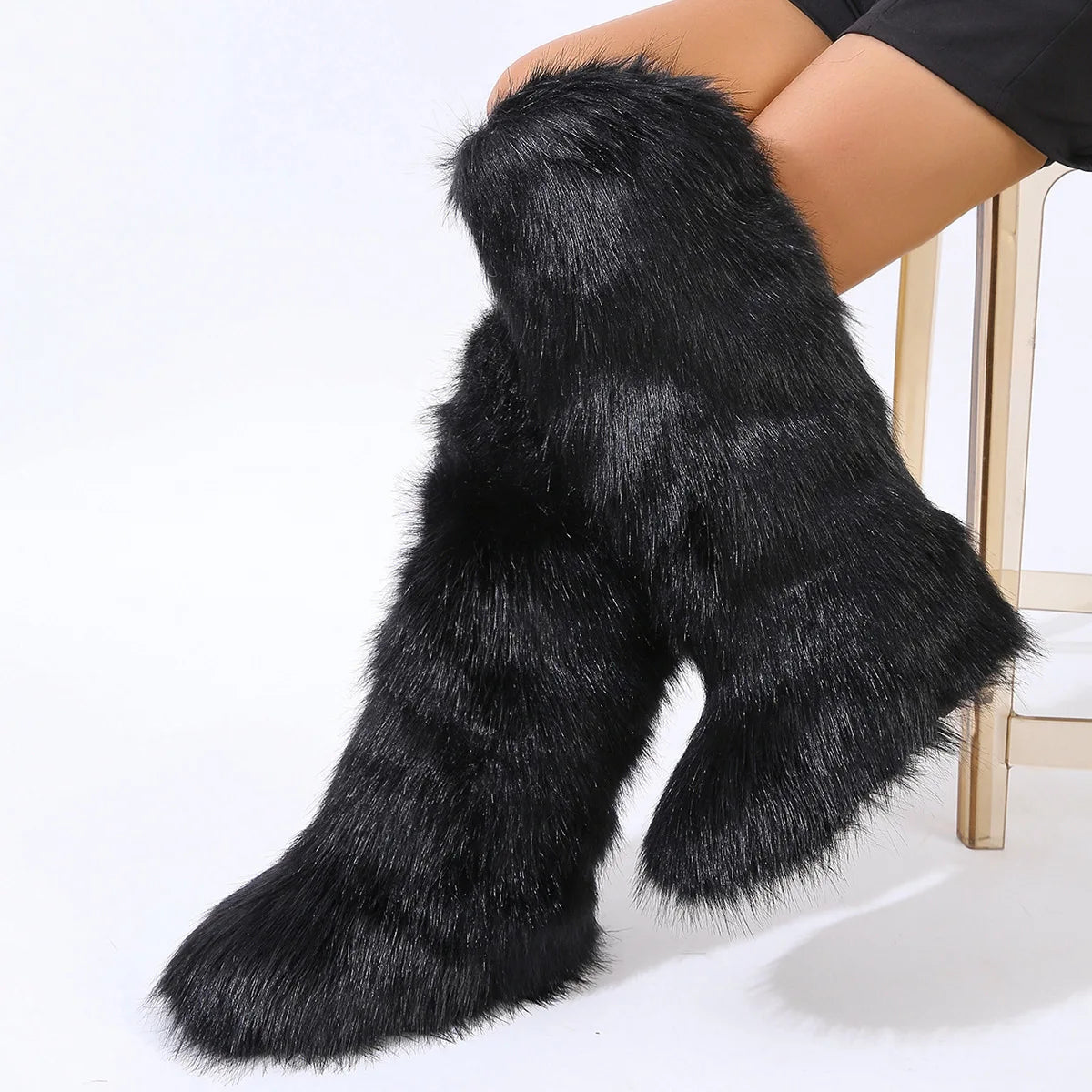 Women's Winter Thigh High Fluffy Plush Knee High Fur Faux Boots