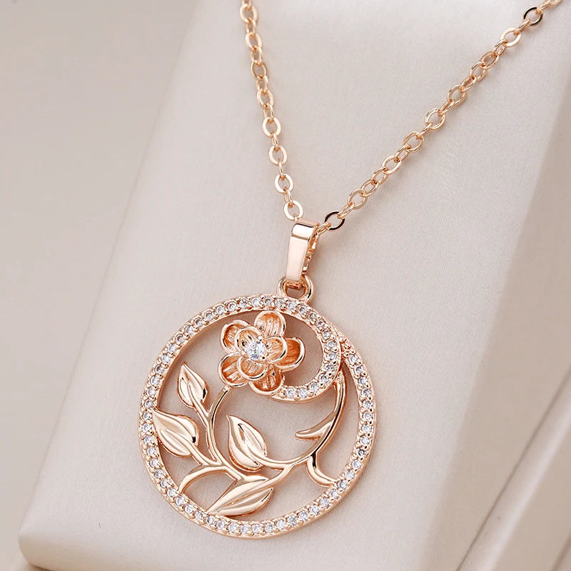 Women  585 Rose Gold Hollow Flowers Necklace