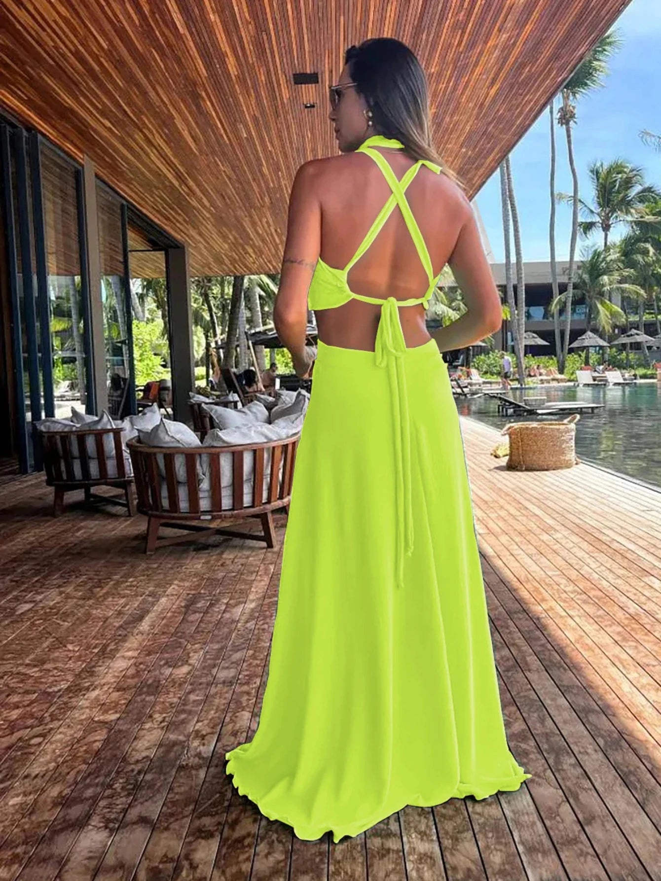 Women's Halter Neck Tie Backless Beachwear Green Cover Up Long Dress