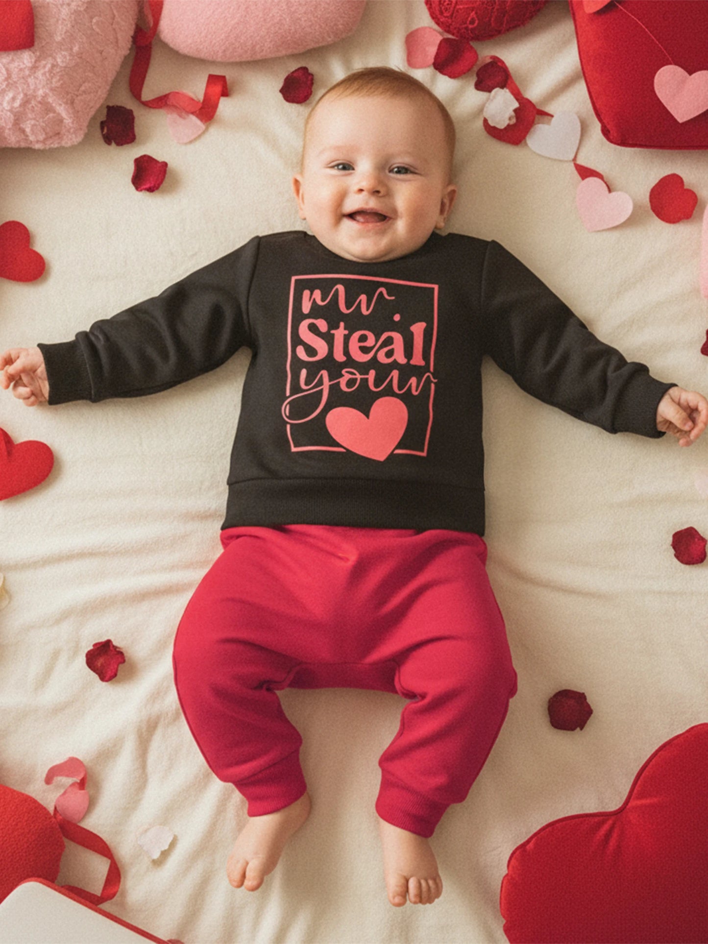 Baby Boys Valentine's Day Outfit Set - Heart Print Sweatshirt & Pants