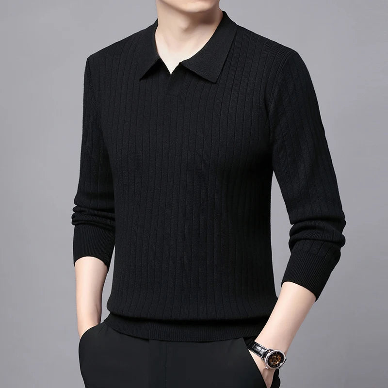 Smart Casual Sweater Turn Down Collar Knitted Pullover for Men