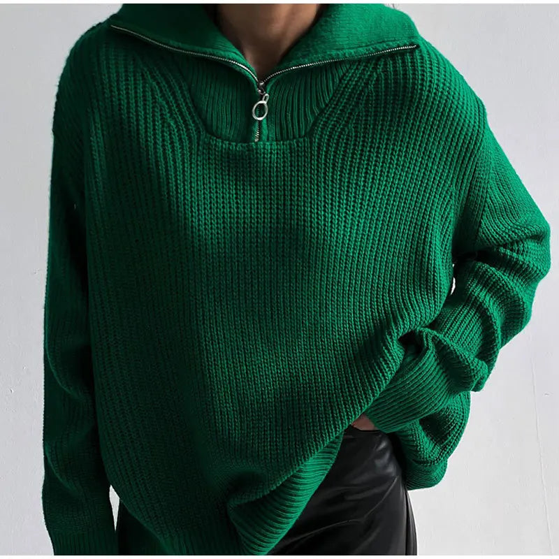 Women's Knitted Loose Zipper Lapel Pullovers Sweater