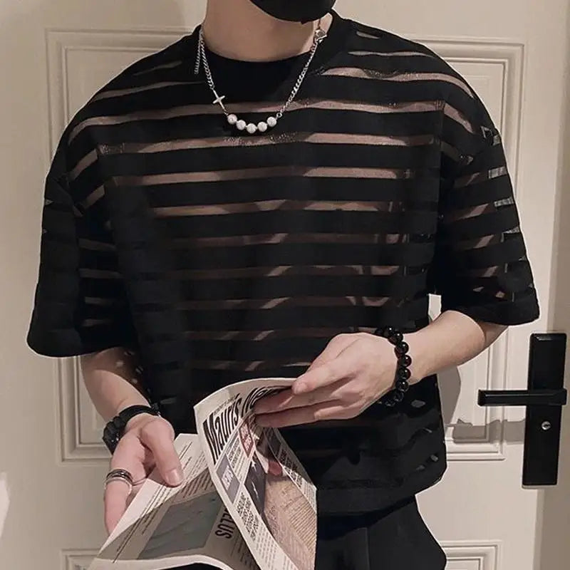 Men's Mesh Striped Round Neck Short Sleeve Transparent T-Shirt